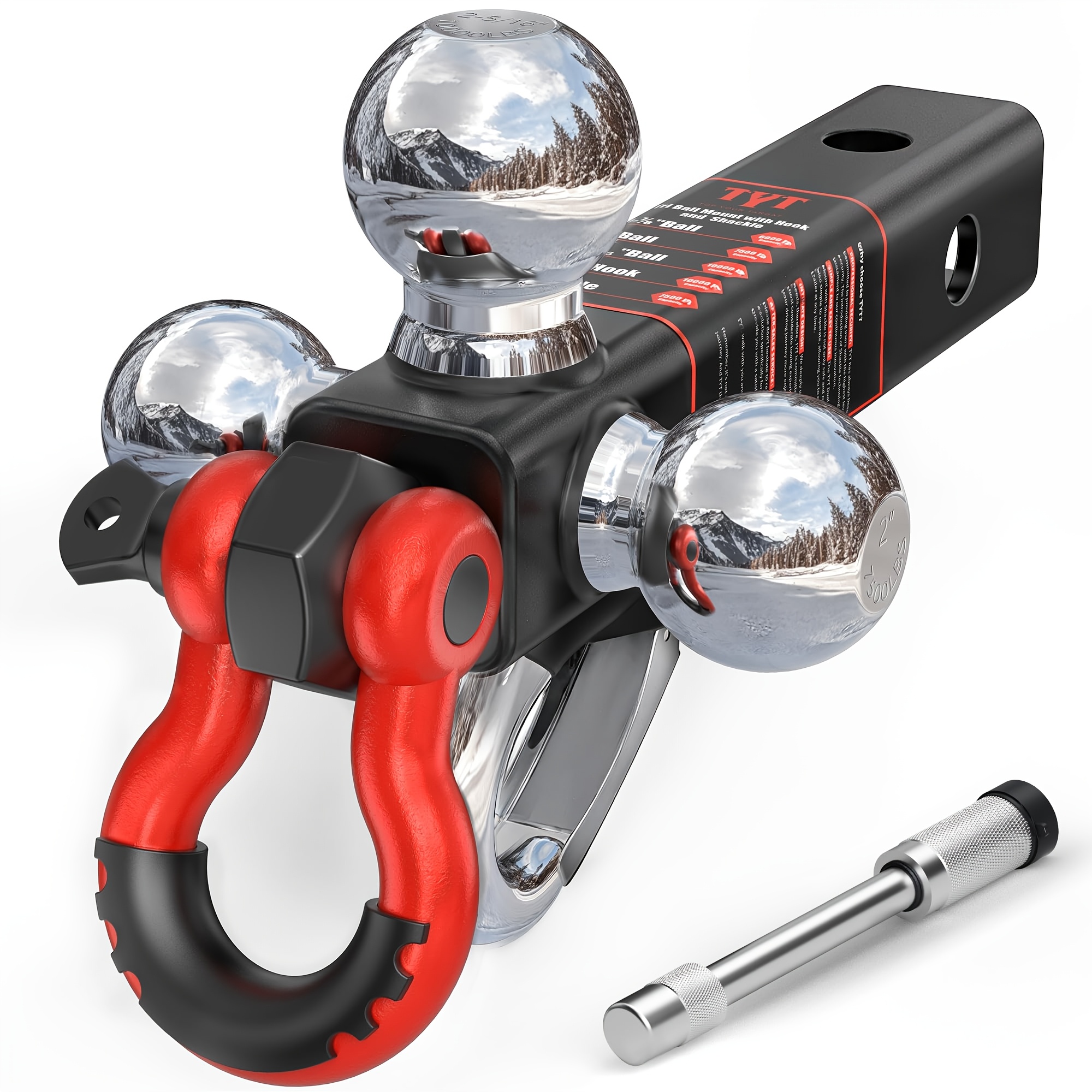 TEMU Tyt Tri Ball Mount Trailer Hitch, Fits 2-inch Receiver, Triple Balls (1-7/8", 2", 2-5/16") With Tow Hook & Shackle, 11,500 Lbs Gtw, 1,000 Lbs