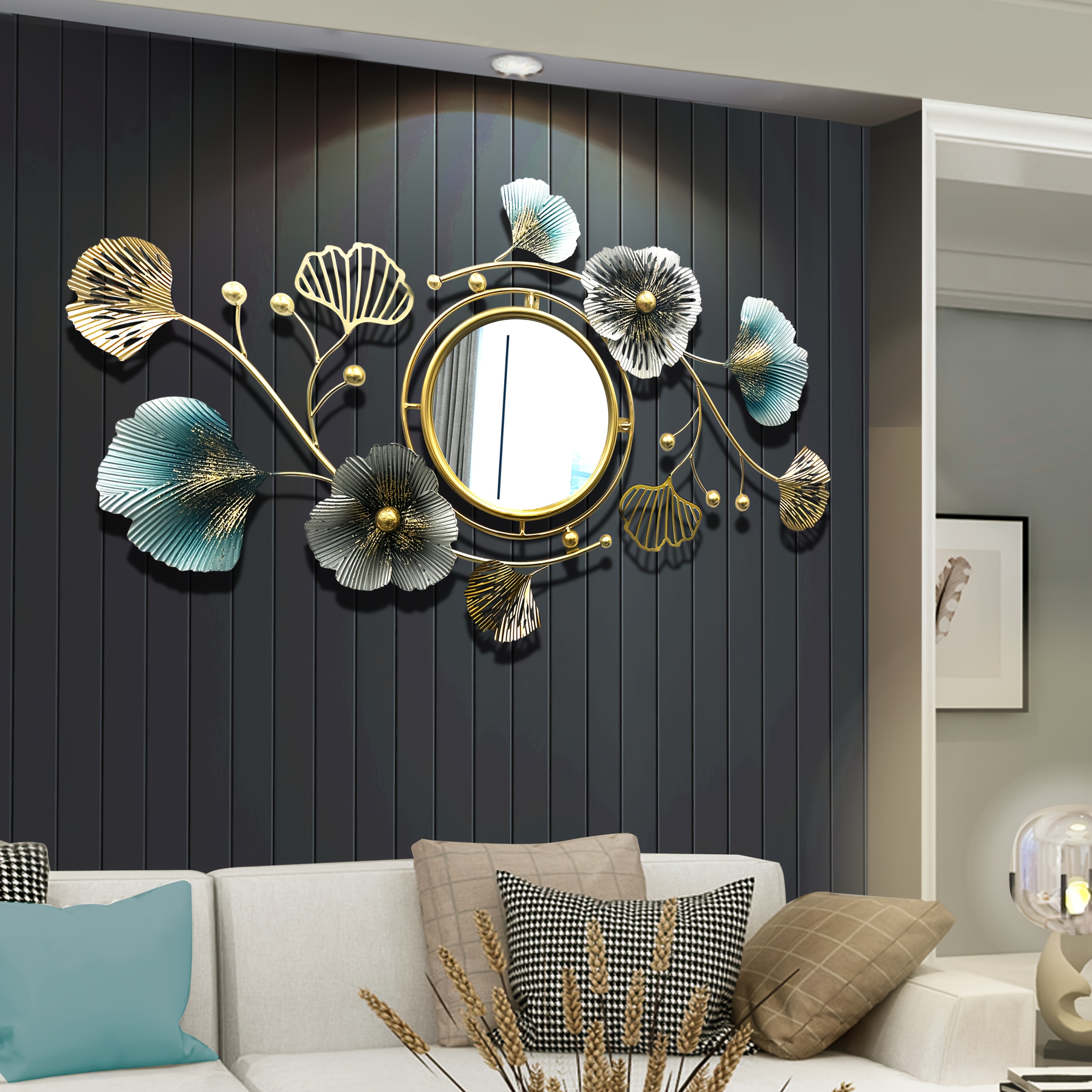 bohemian   wall mirror with golden   metal frame floral accents horizontal irregular shape glass decor for living room bedroom entryway no electricity needed