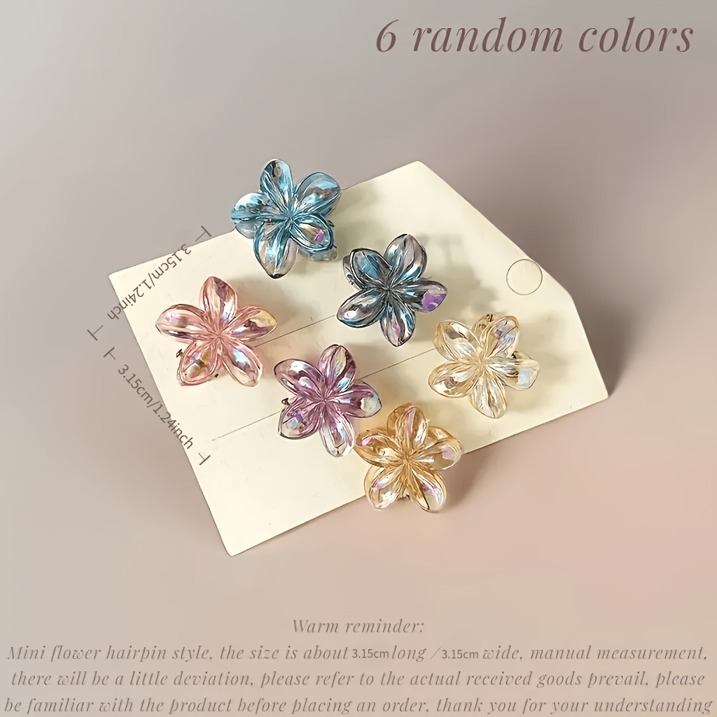 Image of 6pcs 3.15cm/1.24inch Transparent Random Color Patterns Flower Hair Clips, Ab Color, Women's Color Gradient Hair Clips, Hair Styling, Resin Material, Non-slip, Suitable For Thick Hair, Braid Hair, Easy