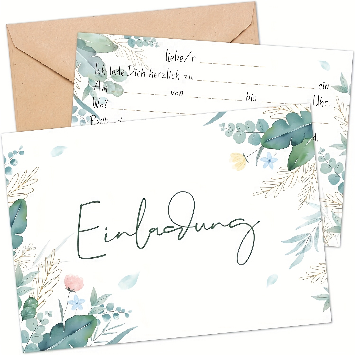 Biroyal Invitation Card Set Includes Envelopes And Stickers | 15 Cards For Wedding Invitations, Birthday Parties, Baptisms, And Confirmations | Folded Cards | Design: Eucalyptus Tree