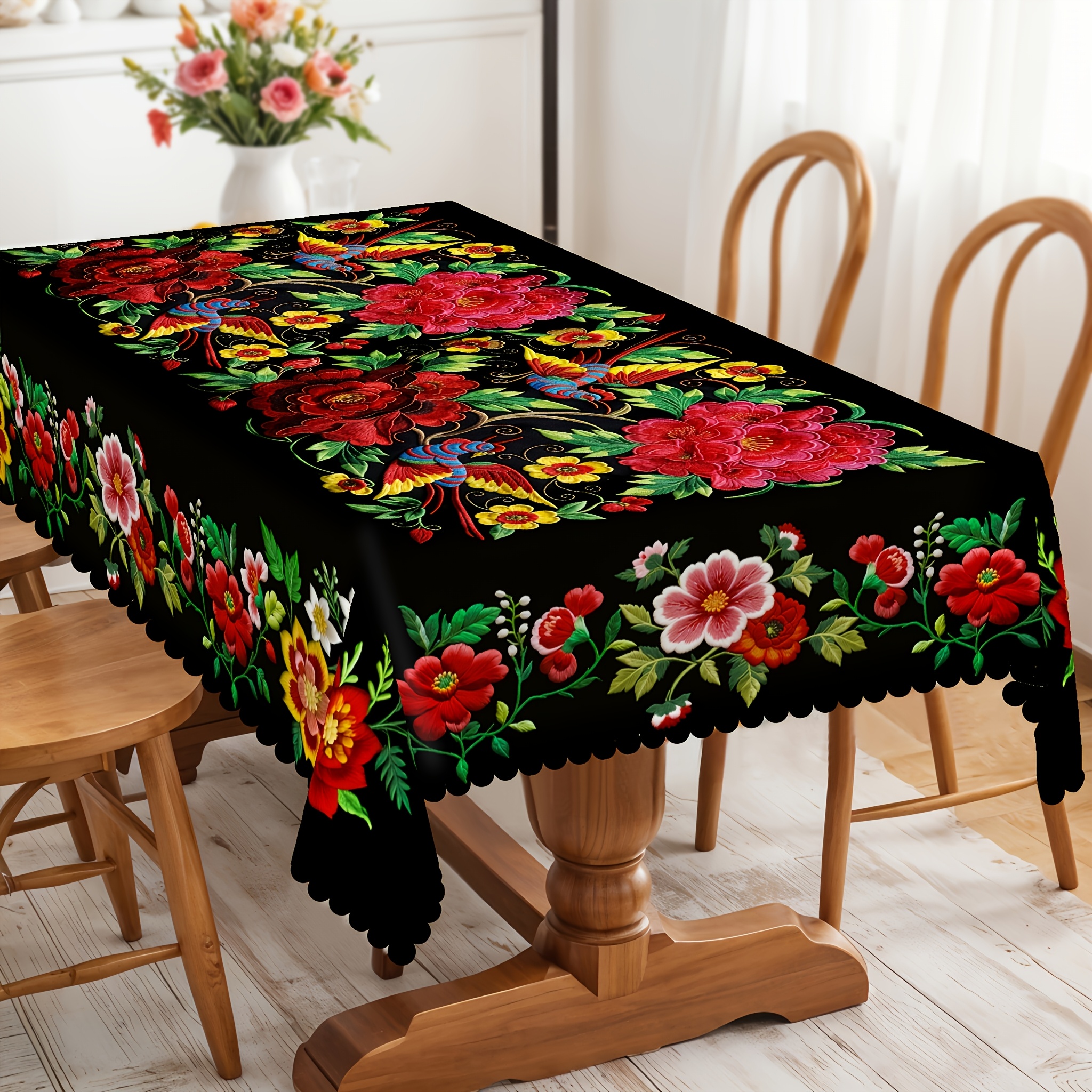 TEMU 1pc Vibrant Mexican Style Colorful Floral Tablecloth, Polyester Material, Suitable For Decorating Home Kitchen, Festive Table. A Perfect Gift.