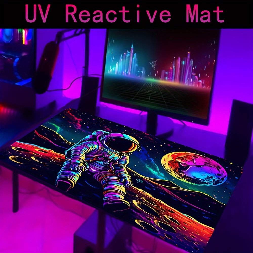 

Large Gaming Mouse Pad With Astronaut Design, Uv Reactive Fluorescent Desk Mat, Polyester, Washable Non-slip Rubber Base, No Battery Needed