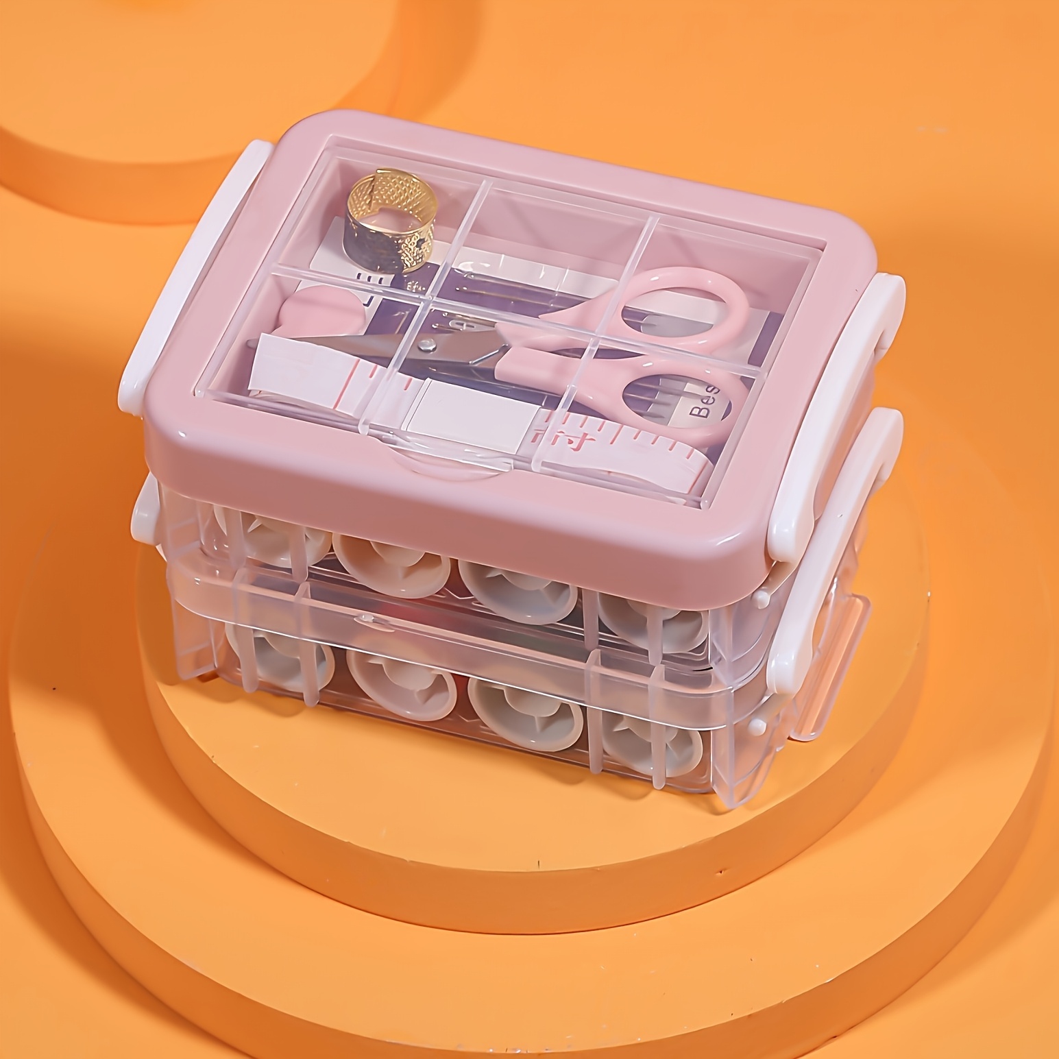 TEMU 1pc Pink Portable Sewing Kit With Clear Storage Box - Essential Repair Supplies Set Includes Scissors, Finger Kit, Thread, Needle, Buttons And