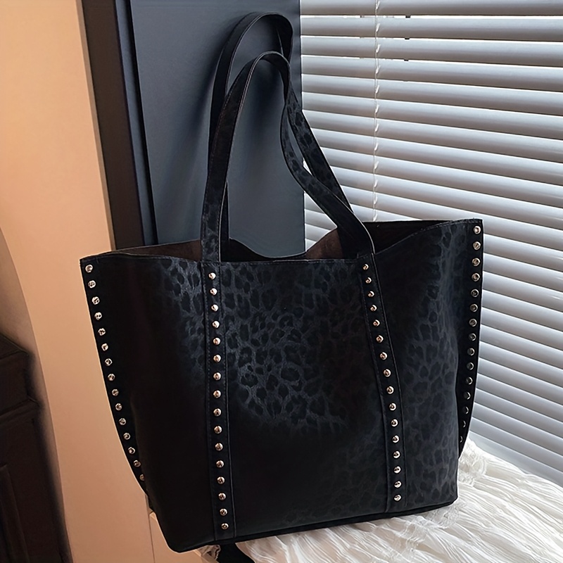 Image of [ Suede] Retro Style Fashion Leopard Print Tote Bag, Large-capacity Versatile Solid Color Elegant Women's Shoulder Bag, For Shopping And Going Out, Spacious Shoulder Bag