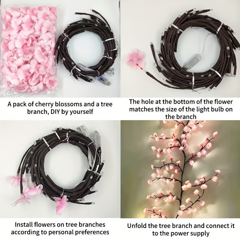 Indoor String Lights 96/144LED Cherry Blossom Willow Vine Branch Decorative Wreath, USB Power Supply, 8 Lighting Modes, Festive Party Decoration for New Year's Day, Valentine's Day, Easter, Thanksgiving, Etc., A Gift for Mom