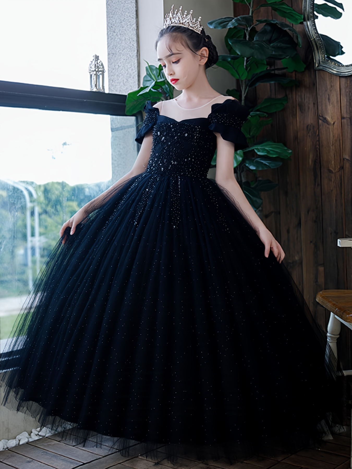 Girl's High-End Evening Gown for Performances, Black Puffy Tulle Skirt,  Princess Dress for Girls' Birthday Parties