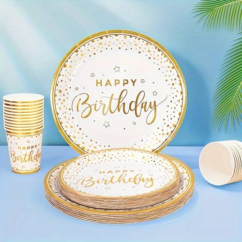 175pcs happy birthday plates and napkins party supplies golden dot paper plates and napkins with golden plastic forks knives spoons serve 25 guests for birthday party decorations