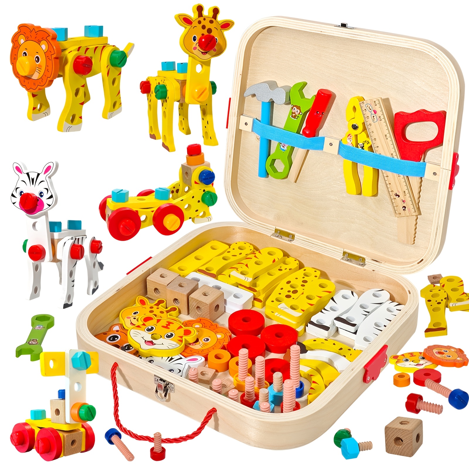 Children's Wooden Animal Building Toolbox - Wood Assembly Suitable For , Portable Brain-boosting Set, Hand-eye Coordination, Birthday/christmas Gift ( Wood, Colors)