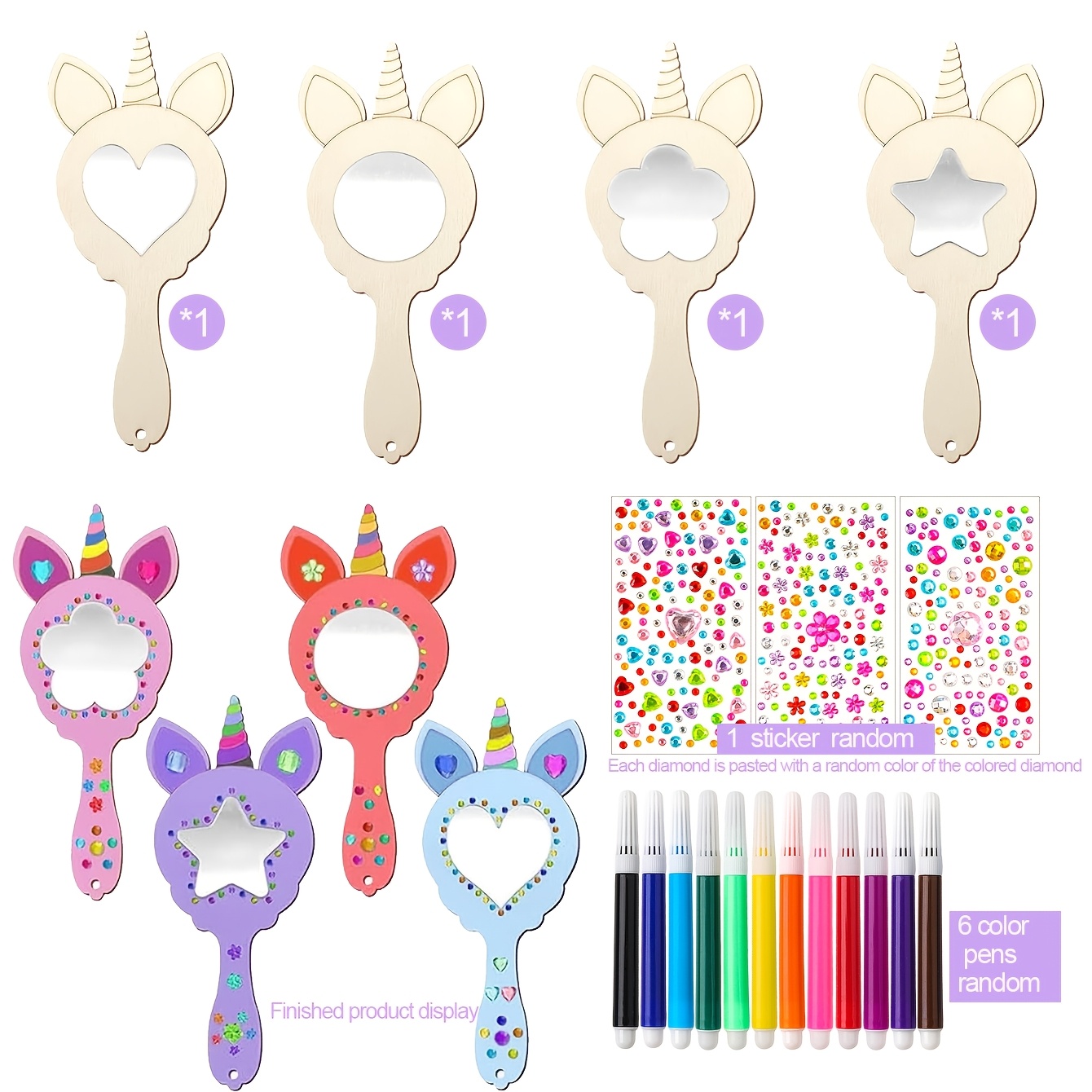 TEMU 4/12 stuks Handgemaakte Eenhoorn Spiegel Set, Onbewerkte Houten Handspiegel, Handwerk Kit, Willekeurig Gekleurde Diamant Stickers en Gekleurde
