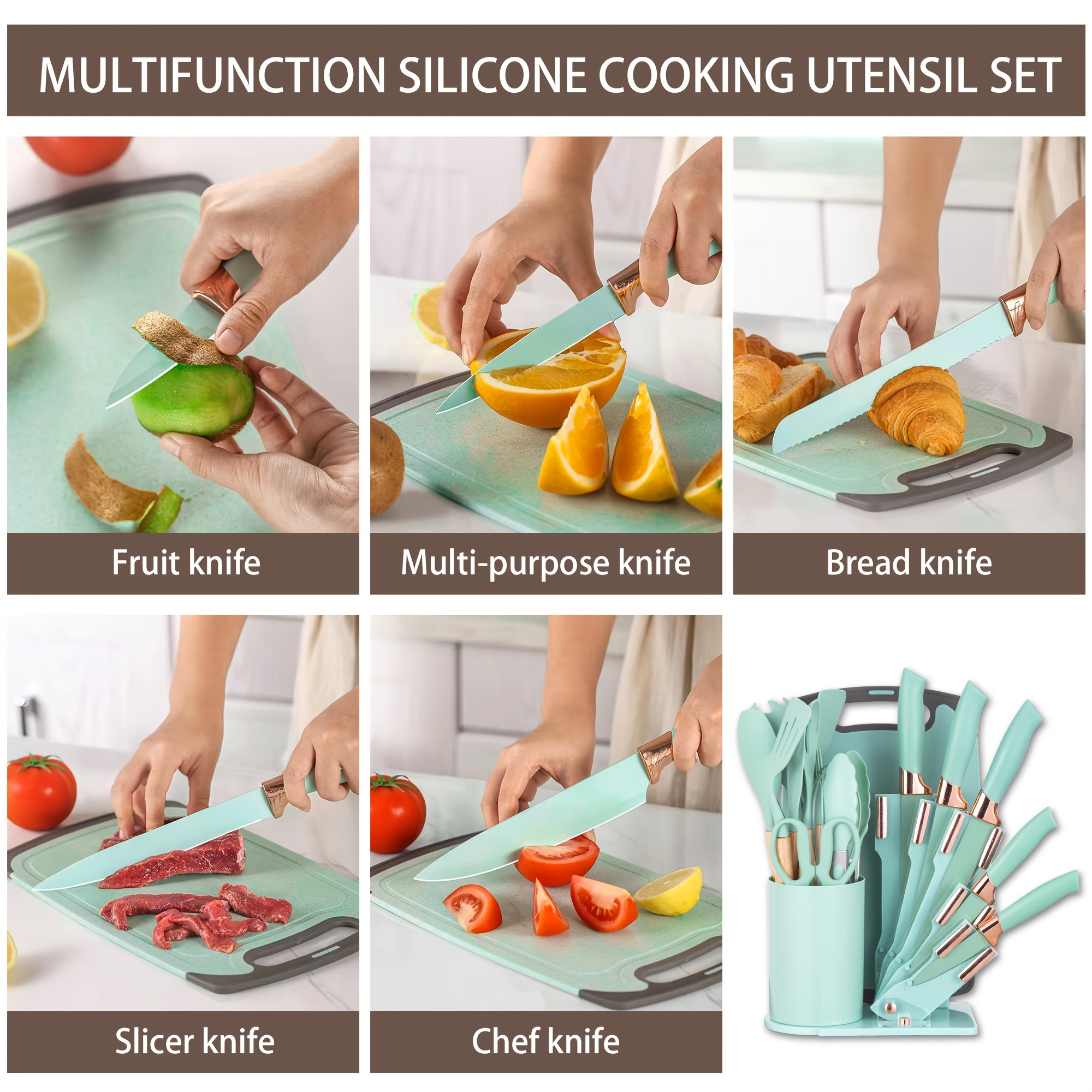 19pcs Kitchen Knife And Utensil Collection, Featuring a Nonstick Black Knife Set with Wooden Grips, Silicone Cooking Tools, a Cutting Board, Scissors, And a Holder, Ideal Gift for Parents