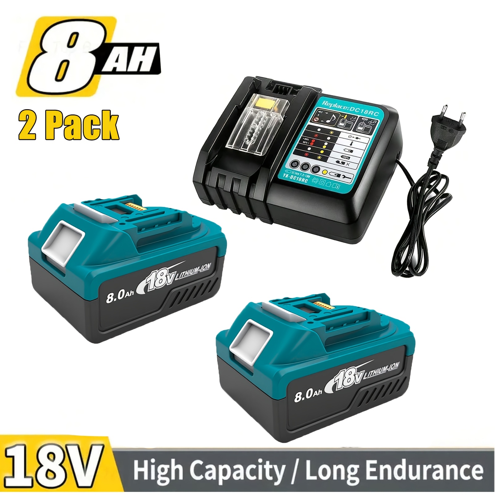 Image of 2 Pack 8.0ah Bl1850b Compatible With Makita 18v Batteries + 4a Dc18rc Charger Replacement For Makita Battery Bl1860 Bl1850b Bl1850 Bl1830b Bl1830 Bl1815 With Led Indicator