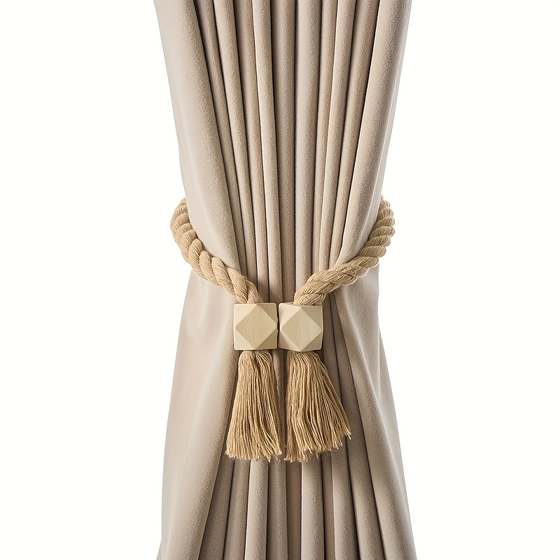 4pcs Bohemian Style Magnetic Curtain Tieback Set, Available in Brown or Beige with Cube-Shaped Magnets for Living Room and Bedroom Decor
