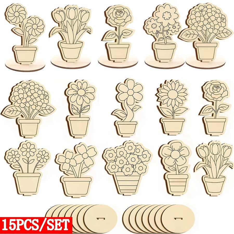TEMU Lot de 15 pièces/ensembles E15 de décorations de bouquet en bois vintage pour mariages, Pâques, Saint-Valentin - Roses, lys et tulipes en bois