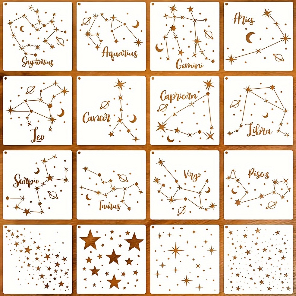 

16pcs Star Stencils For Wall Painting Moon Twinkle Stars Stencil For Card Making Paint Reusable Star Zodiac Constellation Stencils For Walls Wood Burning Art Craft Canvas Fabric Decor (12 Star Sign)