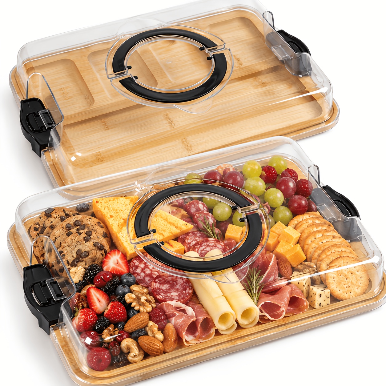 TEMU 1-tier Bamboo Charcuterie Board With Lid And Handle, Portable Cheese Board Set, Divided Snack Serving Tray For Parties, Picnics And Potlucks