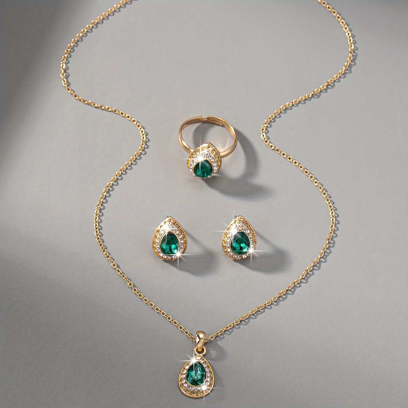 TEMU A Set Of Wedding Additions, Gorgeous, Elegant, Easy, Inlaid With Gemstones, Teardrop Earrings, Necklace, Ring Set, Women's Holiday, Birthday,