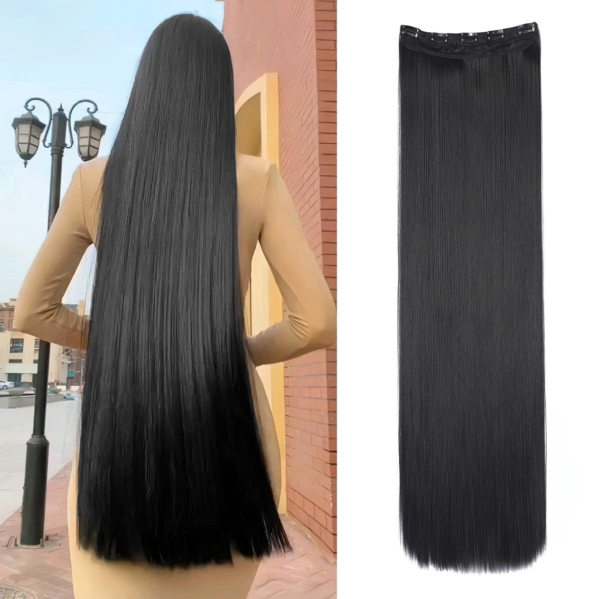 TEMU Extensions de cheveux et lisses, extensions de cheveux synthétiques à , additions de cheveux élégantes pour , 5 clips, 101 cm, 40 pouces, style