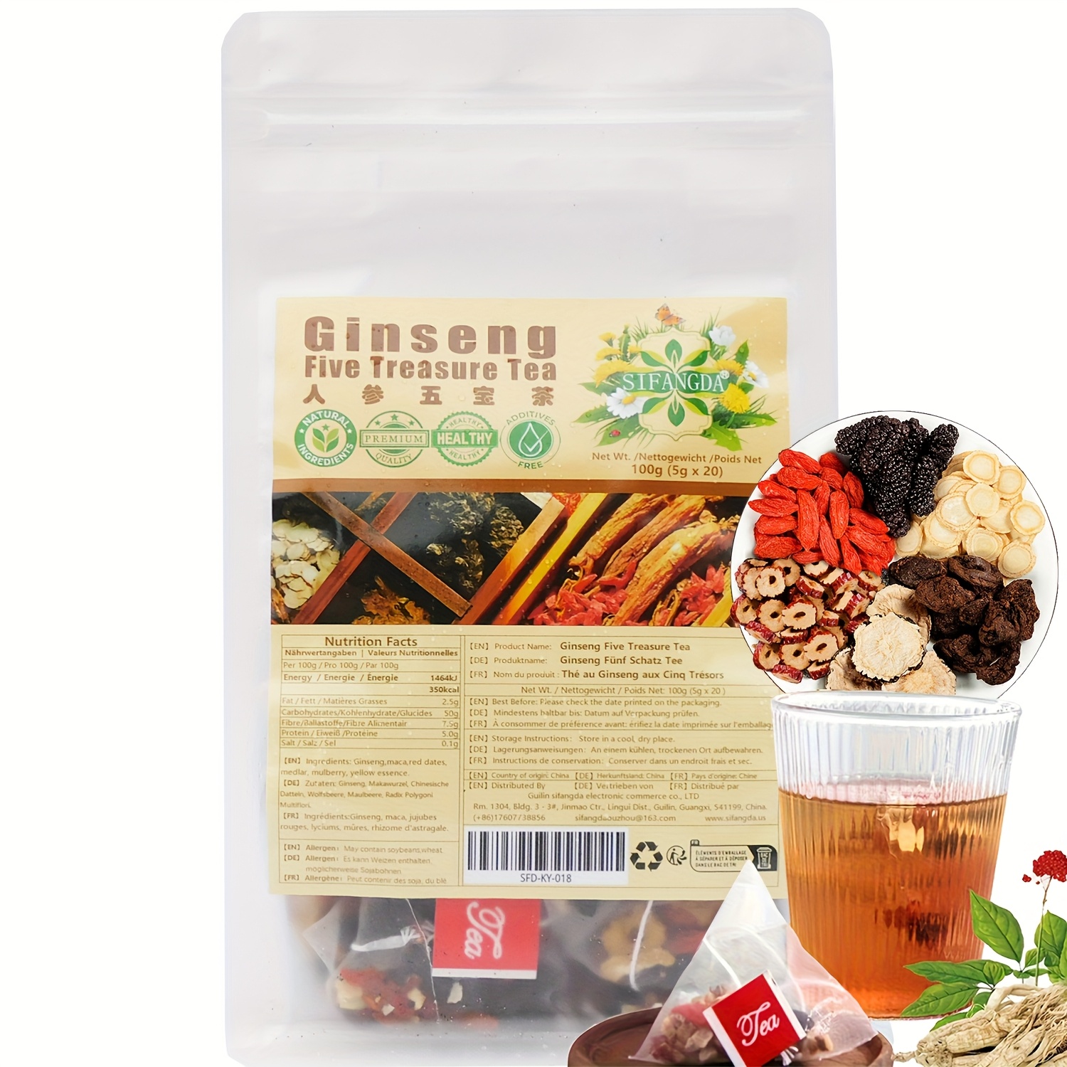 SIFANGDA Ginseng Five Treasure Tea 100g (5g×20pcs) | Kidney Tea Men'S Vitality Tea, Vitality and Endurance Without Pressure, Full of Vitality, Mixed Tea Bags, Holiday Gifts, Plant Based, Preservative-Free, Best before 2027-03-18