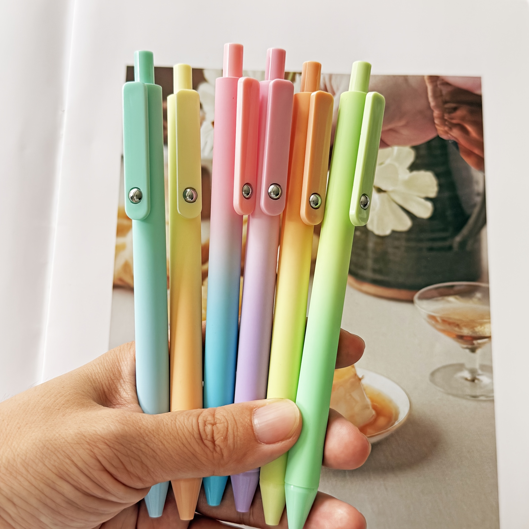 TEMU 6pcs Pastel Gradient Black Ink Pens For Women, 1.0mm Fine Point Smooth Writing Pens, Cute Retractable Pens For Journaling Note Taking