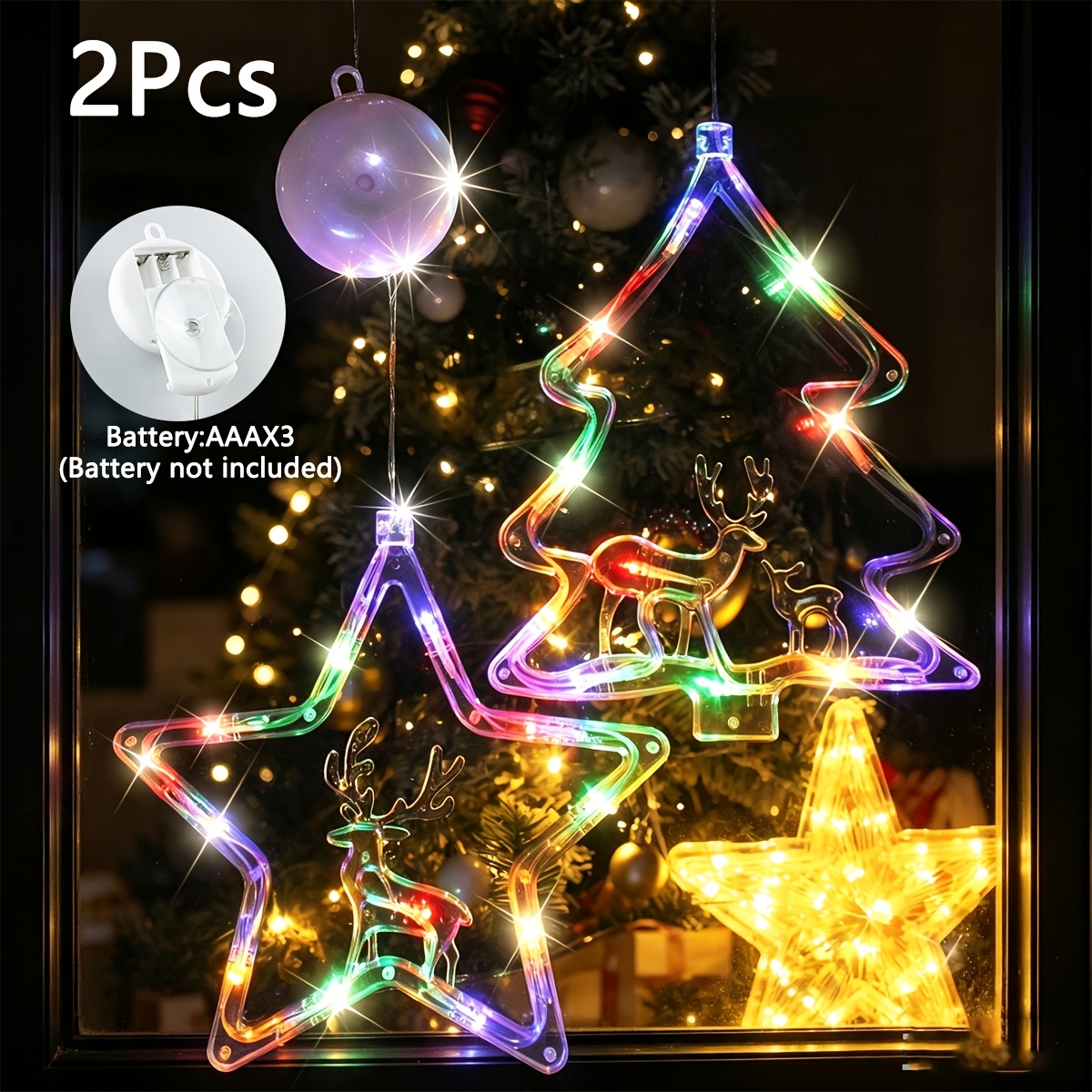TEMU 2pcs, Window Lights Sucker Star Tree Deer, Christmas Decorations, String Lights, Warm White And Multicolor, Christmas Lights, Battery Powered,