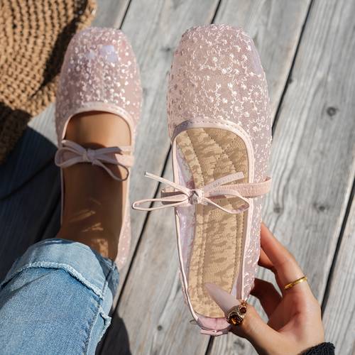 glitter lace bow flat shoes transparent mesh square toe flats women shoes