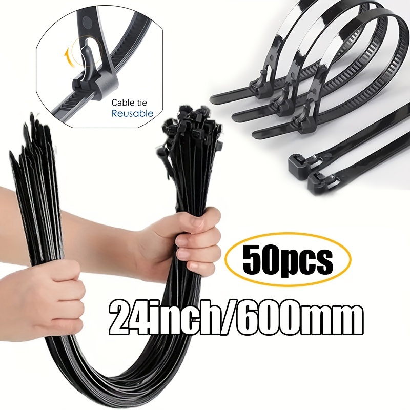 

50-piece Heavy Duty Black Nylon Cable Zip Ties, 24'' - 120 Lbs Tensile Strength For Indoor & Outdoor Use