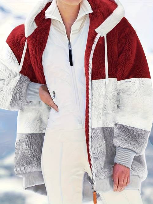 womens cozy plush hooded jacket with drawstring pockets brown white gray winter outerwear warm fur lined hood zip for fall winter winter jacket