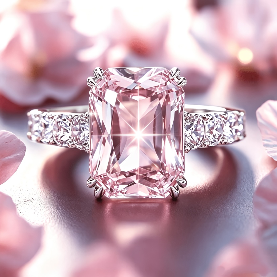 TEMU Elegant And Luxurious Engagement Ring, Main Stone Pink Cubic Zirconia Princess Square, 8-prong Setting, Round White Synthetic Zirconia On Sides,
