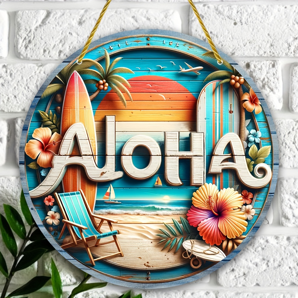 

1pc, Rustic Aloha Hawaiian Greeting Sign, 20cm/7.87in Round Metal Aluminum Beach Wall Art, Floral Wreath Accented Door Welcome Sign, Festive Holiday Decor For Home, Shops, Porch, Farmhouse