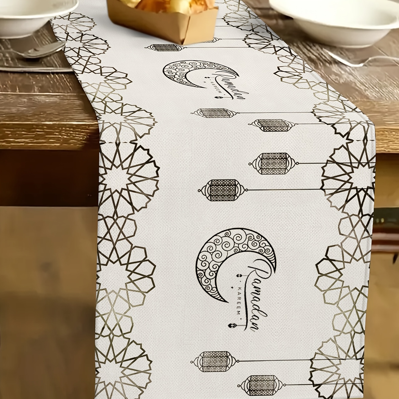 

1pc Linen Ramadan Table Runner - Gray Moon & Lantern Design, Rectangular Woven Tablecloth For Eid Celebrations, Parties, And Home Kitchen Decor