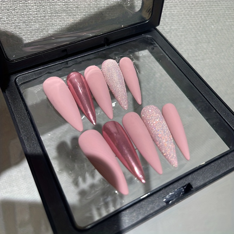 

A030 Magic Mirror Powder + Glitter + Velvet Frosted Multi-element Color Hopping Design Press-on Nails, Pink Long Pointed Almond Nails, Salon Handmade Nail Art, Removable, Reusable Fake Nails