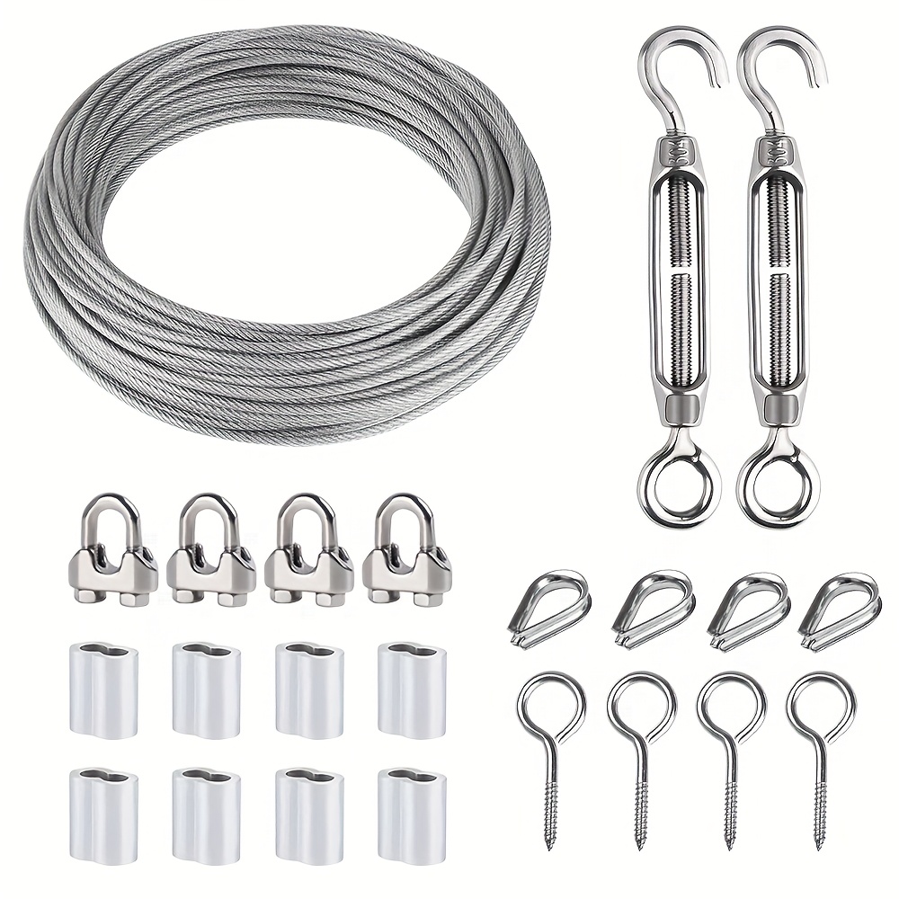 Set Of 22 Wire Ropes And Cables 5 Meters/ 3 Mm Self-tapping Screw With Stainless Steel Ring Pvc Wire Rope And Cable Set [telescopic Hook 4 Steel Clips 4 Rope Clamps 10 -shaped Rings 8 Sets]