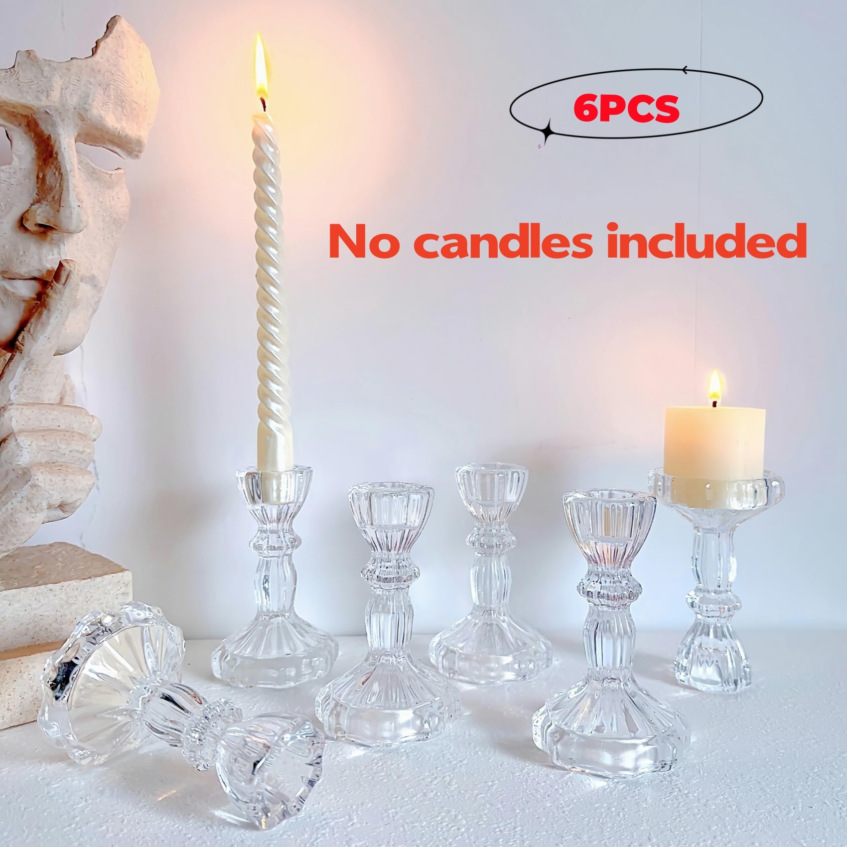 E-shop 6 Stück Klare Glas-Kristall-Kerzenhalter – Elegante Polierte Tischdekoration für Hochzeiten, Weihnachten, Chanukka, Ostern, Thanksgiving –