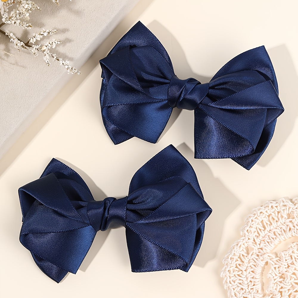TEMU 2pcs Satin Hair Bow Clips Double-layered Bow Hair Clips For -perfect For Halloween, Birthdays And Casual Attire(white And Navy Blue)