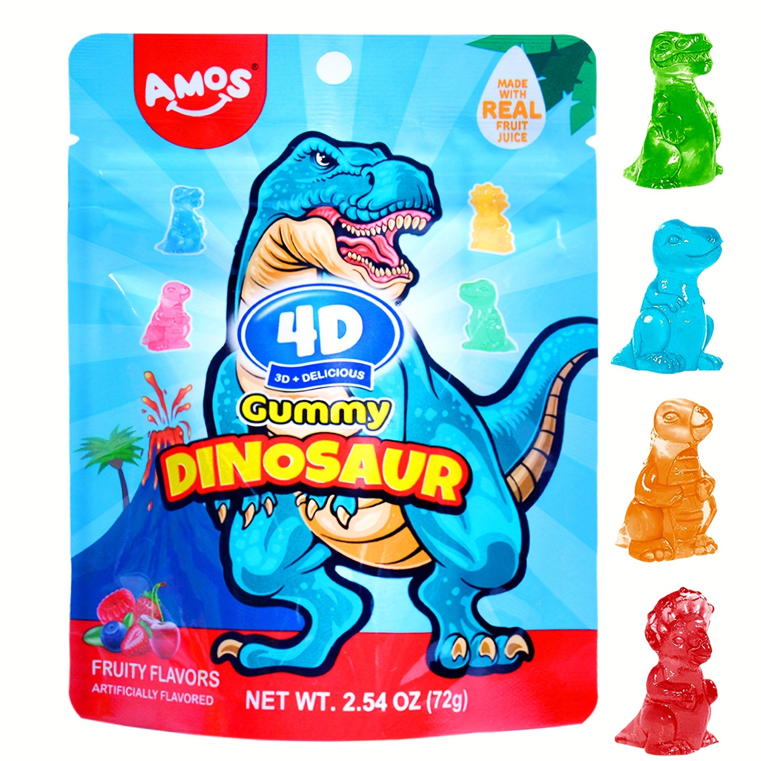 

8/4packs, Amos 4d Gummy Dinosaur Candy, 3d Shape Dino Gummies For Dinosaur Themed Party, Easter Candy Basket Stuffers, 2.54oz Per Bag, Candy, Gift