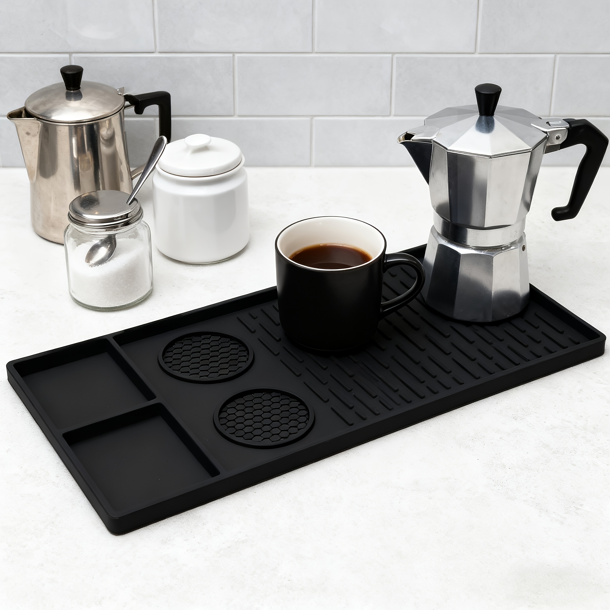 Image of Silicone Coffee Mat With Raised Edges, Coffee Bar Mat For Countertops, Coffee Bar Additions Maker Espresso Machine, Dish Drying Mat Dish Drying Mats