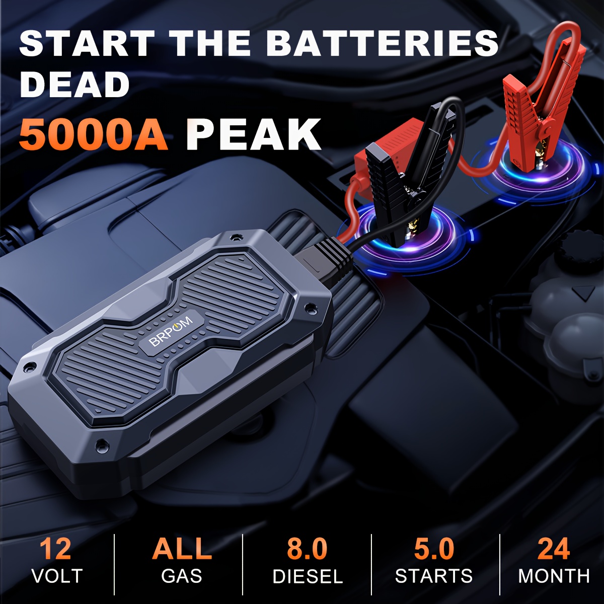 5000a   car battery jump starter 12v   pack battery booster jump box portable charger and jumper cables for 8 0l gasoline and 5 0l diesel engines Product details 0