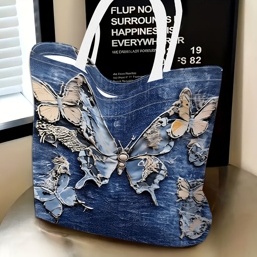 TEMU 1pc Women's Blue & Suitable For Travel Single-shoulder Bag - Multi-functional Tote/clutch Handbag With Hemp Material, Lightweight Casual Evening