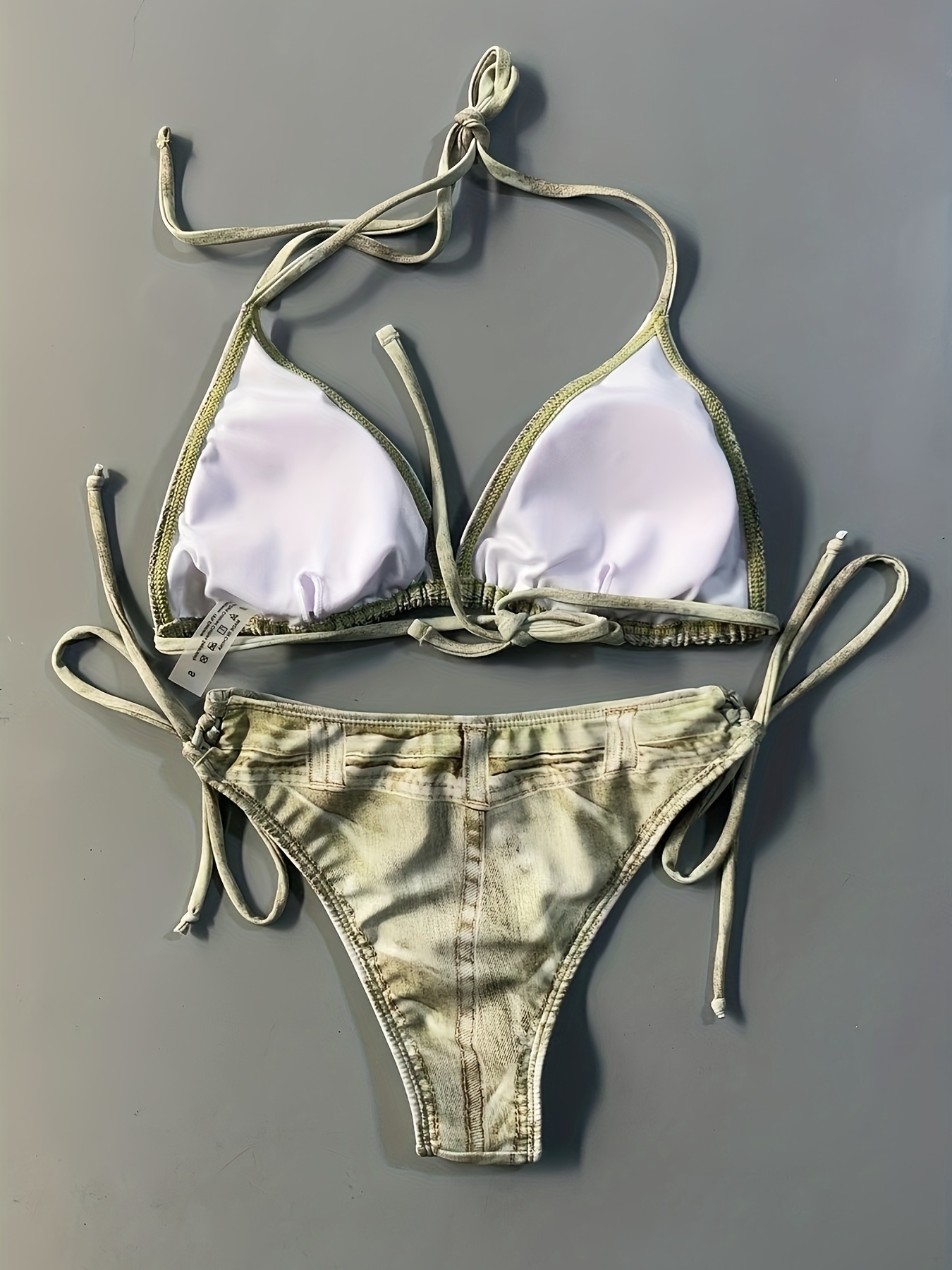 Faux Denim Print Triangle 2 Piece Set Bikini, Tie Strap Halter Backless Swimsuits, Women's Swimwear & Clothing