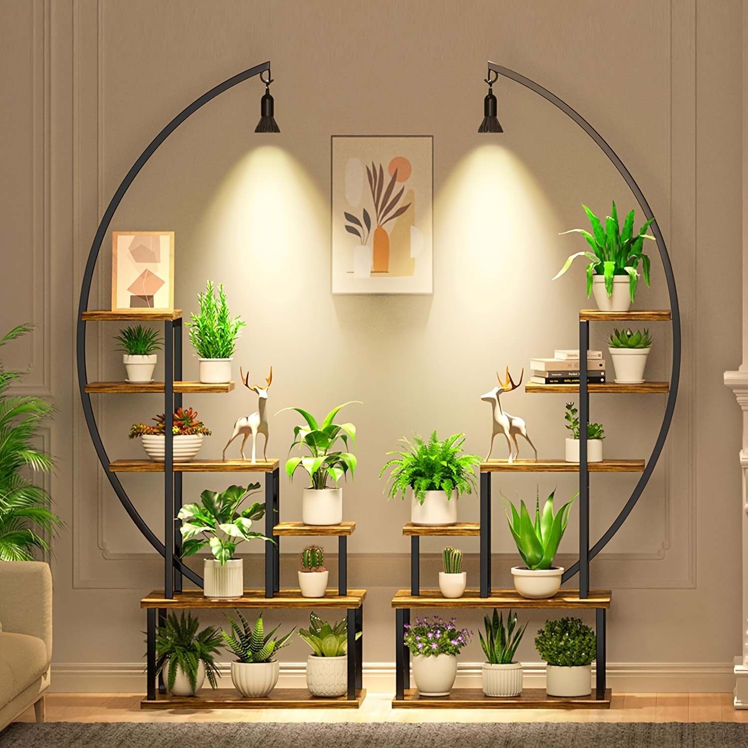 

2pcs 6-tiered Indoor Plant Stand With Grow Lights - Large Half-moon Metal Display Shelf For Multiple Plants, Living Room, Entryway, Balcony Decor