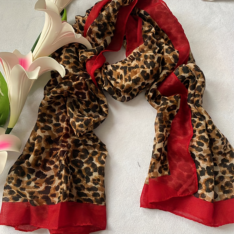 

1pc Elegant Leopard Print Scarf For Women, 100% Polyester Bali Yarn, Breathable & Decorative Beach Shawl, Mature Style, Woven & Printed , Elasticity, No Feathers