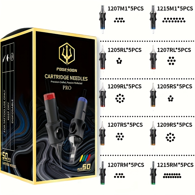 Image of Poseidon V5 Tattoo Cartridge Needles 50pcs Assorted Mixed Size Round Liner Shader Curved/round 5rl 7rl 9rl 5rs 7rs 9rs 7rm 7m1 15m1 15rm Disposable Tattoo Needles