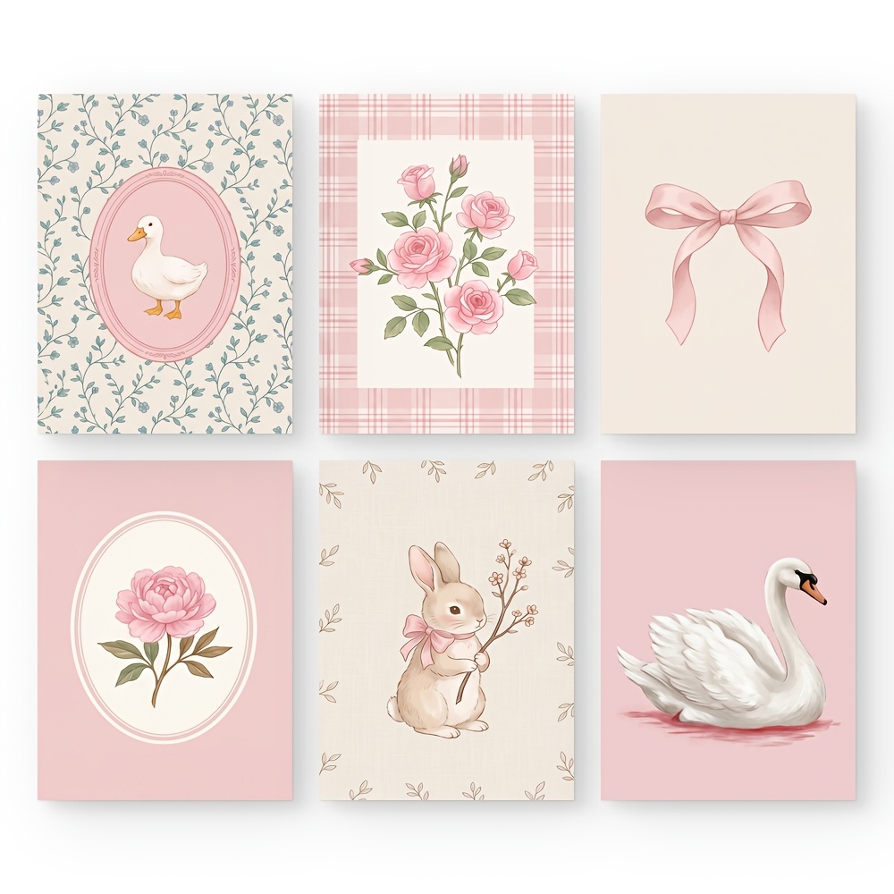 TEMU Plat 2D, 6 pièces pour chambre de bébé, chambre de fille et dortoir - d'art mural Cottagecore rose pastel avec lapin, cygne, canard, affiches ,
