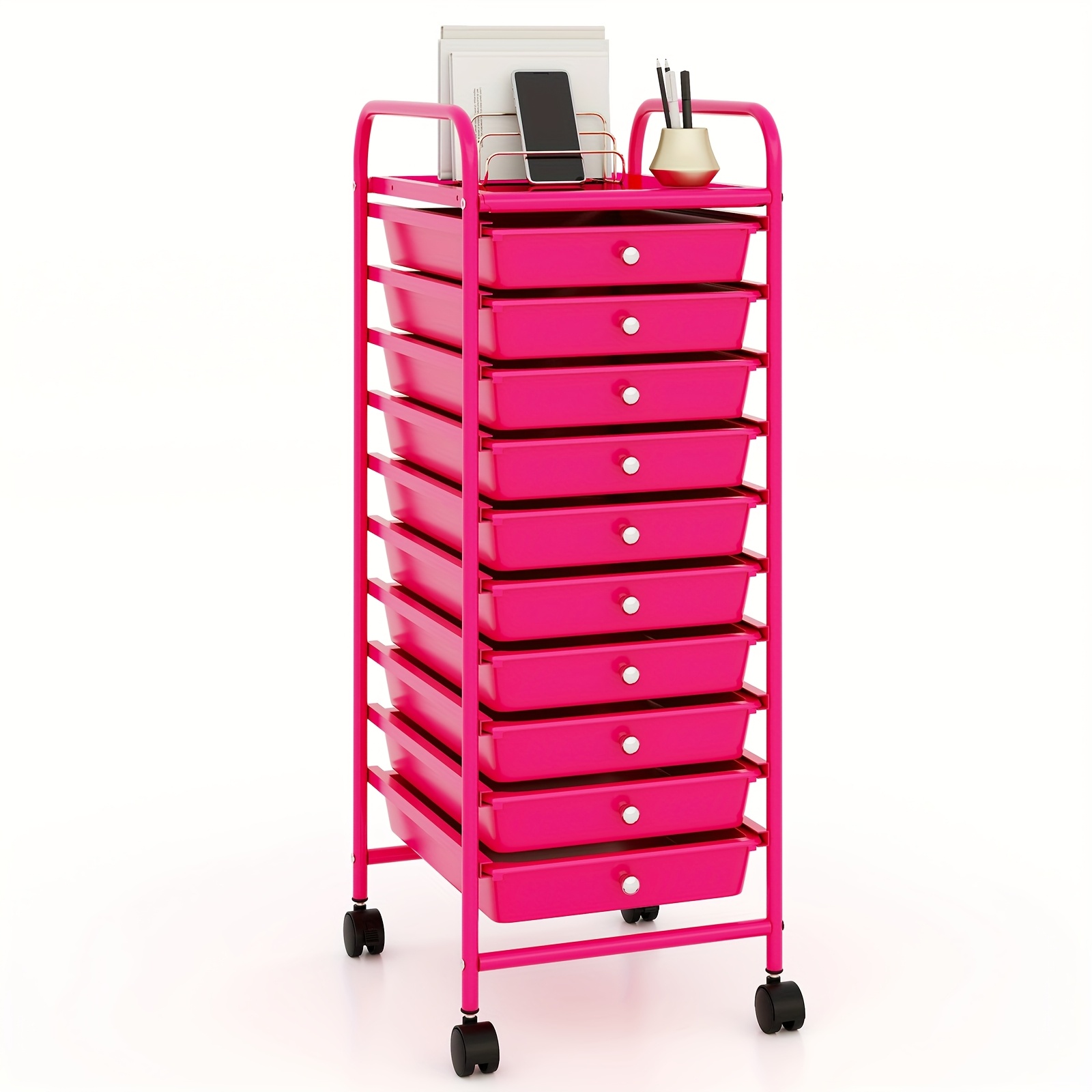 Image of 10-drawer Trolley With Lockable Casters, Storage Cart With Removable Drawer, Household Multifunctional Organizer, Metal Frame Mobile Utility Cart With Handle, Office Supplies Storage, Purple And Pink