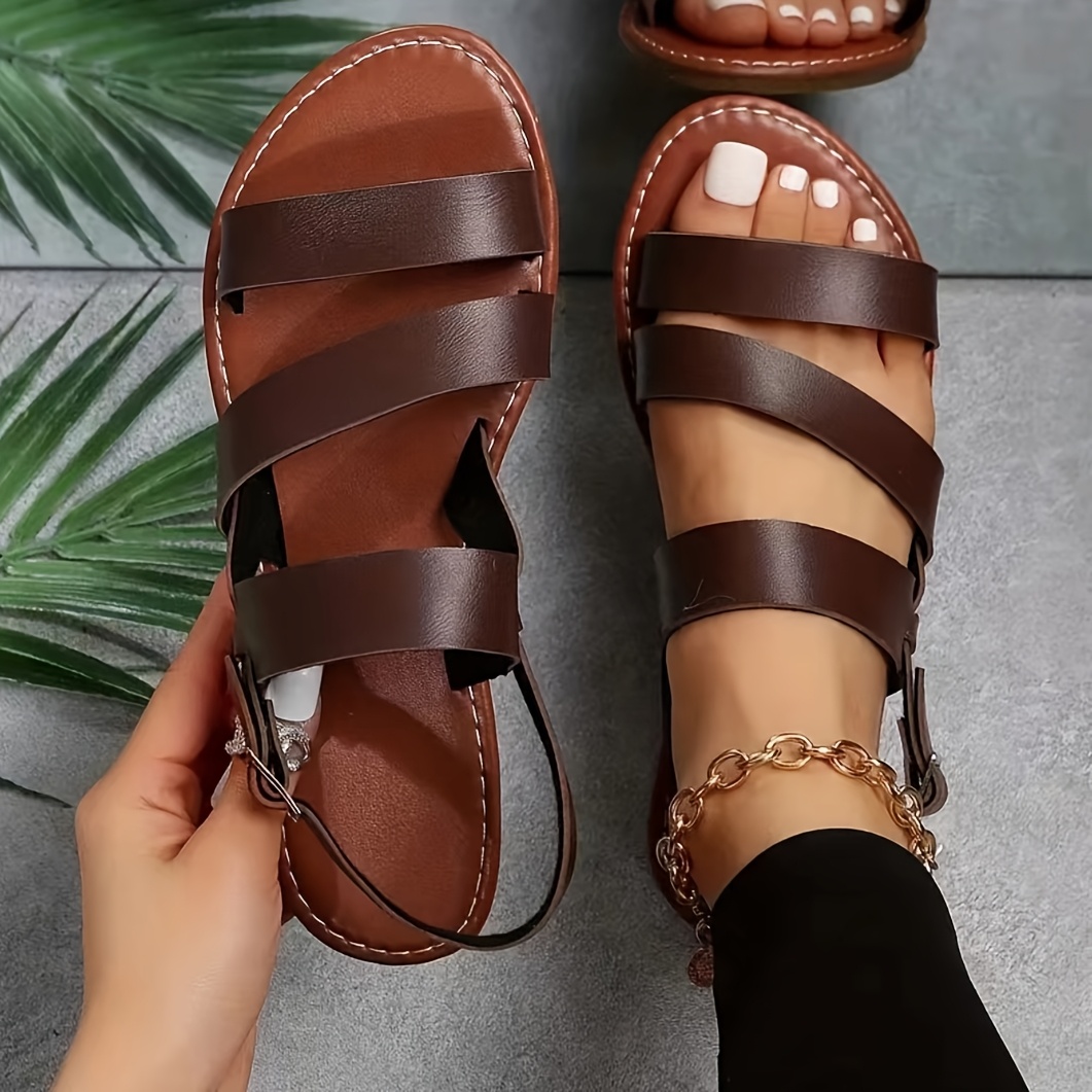 Women's Adjustable Crisscross Strap Flat Sandals - Open-Toe Summer Beach Shoes with Buckle Closure, Soft Faux Cover & TPR Sole, Black Casual Roman Sandals for Casual Attire, Strappy Sandals