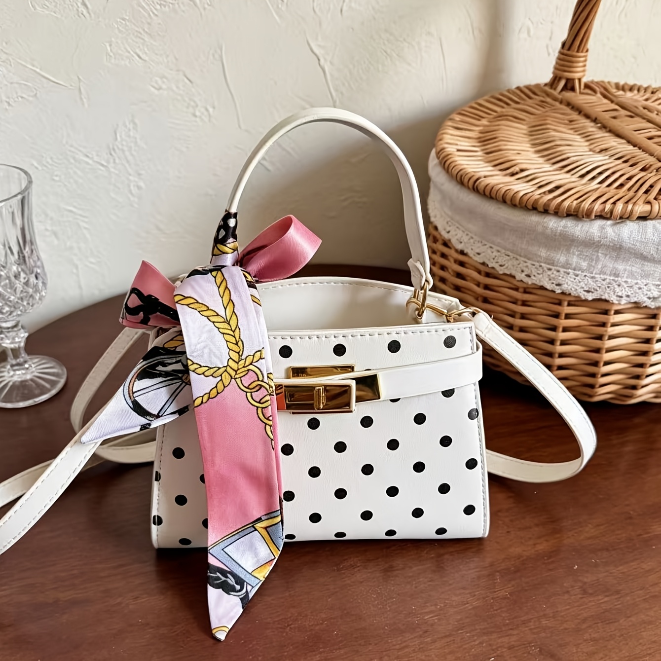 TEMU Niche Design Scarf Decor Lock-clasp Women'-shoulder Bag, Vintage Spotted, Commuting/dating Handbag Crossbody Evening Bag, Versatile Style