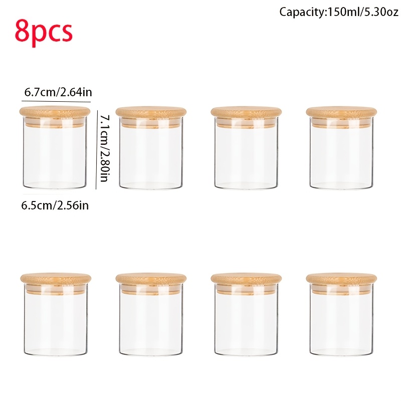 TEMU Set Of 8 Round 150ml Glass Storage Jars With Bamboo Lids. Suitable For Flour, Sugar, Spices, Tea, And Grains. Reusable Jars Ideal For Kitchen
