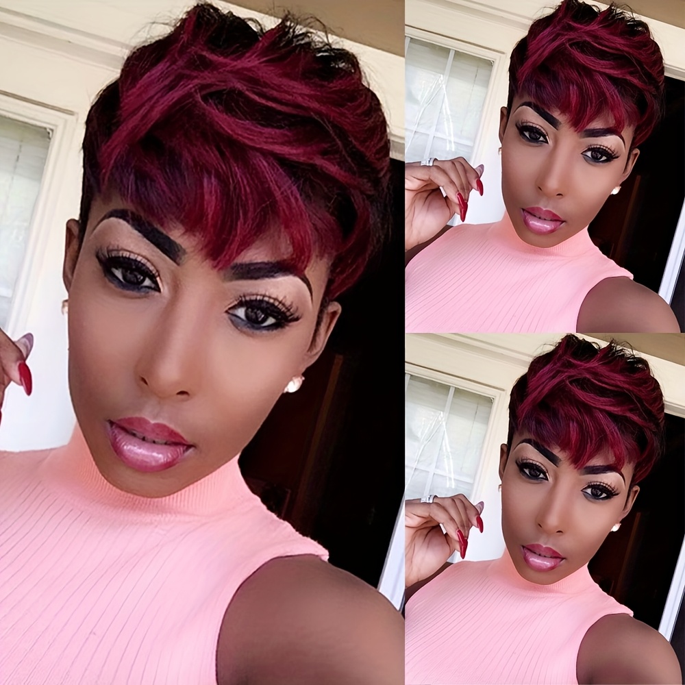 TEMU Synthetic Short Wig For Women Featuring A Blend Of Black And Red Hair, Designed With Colorful Bangs, Perfect For Parties