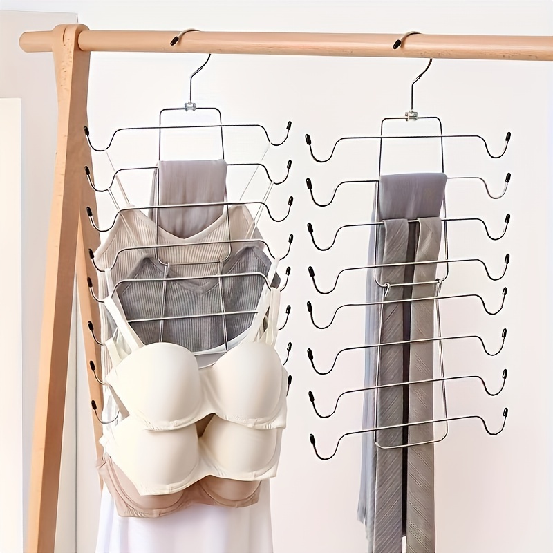 TEMU 2pcs Space-saving 8-layer Metal Underwear Hangers - Foldable, Polished Finish, Ideal For Bra & Clothing Organization, Wall-mounted With Multiple