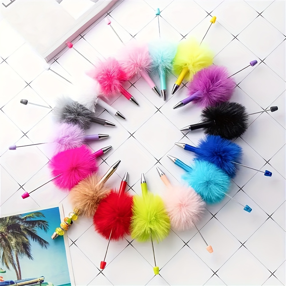 

28pcs Fluffy Beadable Ballpoint Pens Fuzzy Plastic Beaded Writing Pens For Diy Craft Office Supplies Back-to-school Gift